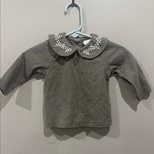 Kate Quinn Long Sleeve‎ Shirt with Embroidered Collar - Brown, 3-6M